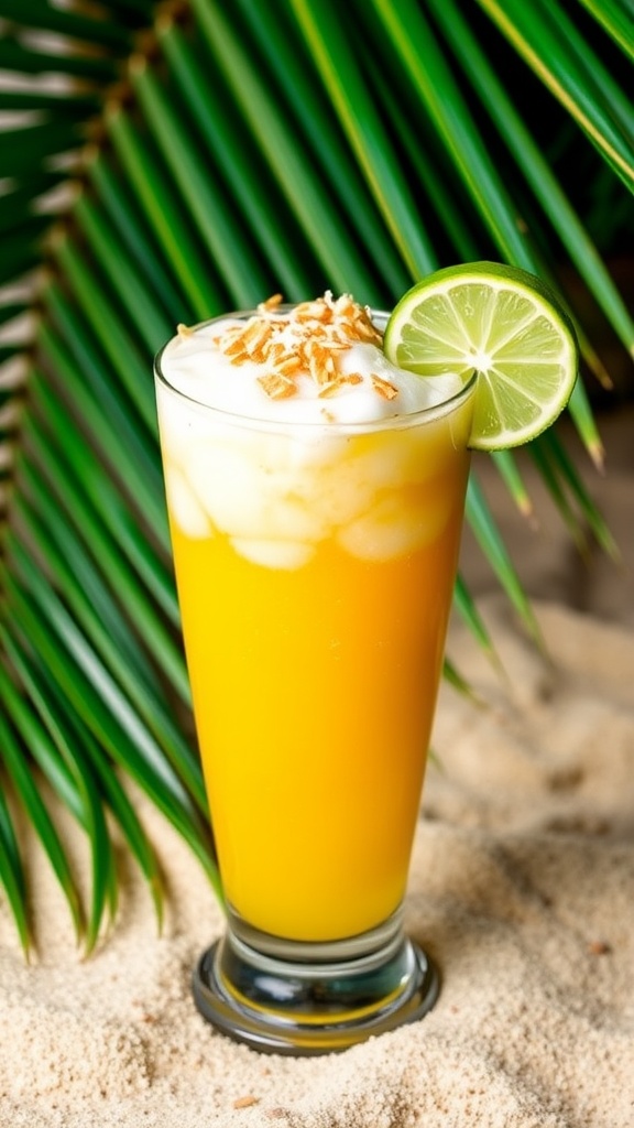 A chilled Tropical Coconut Bourbon Cooler cocktail with lime wedge and toasted coconut garnish, set against a tropical background.